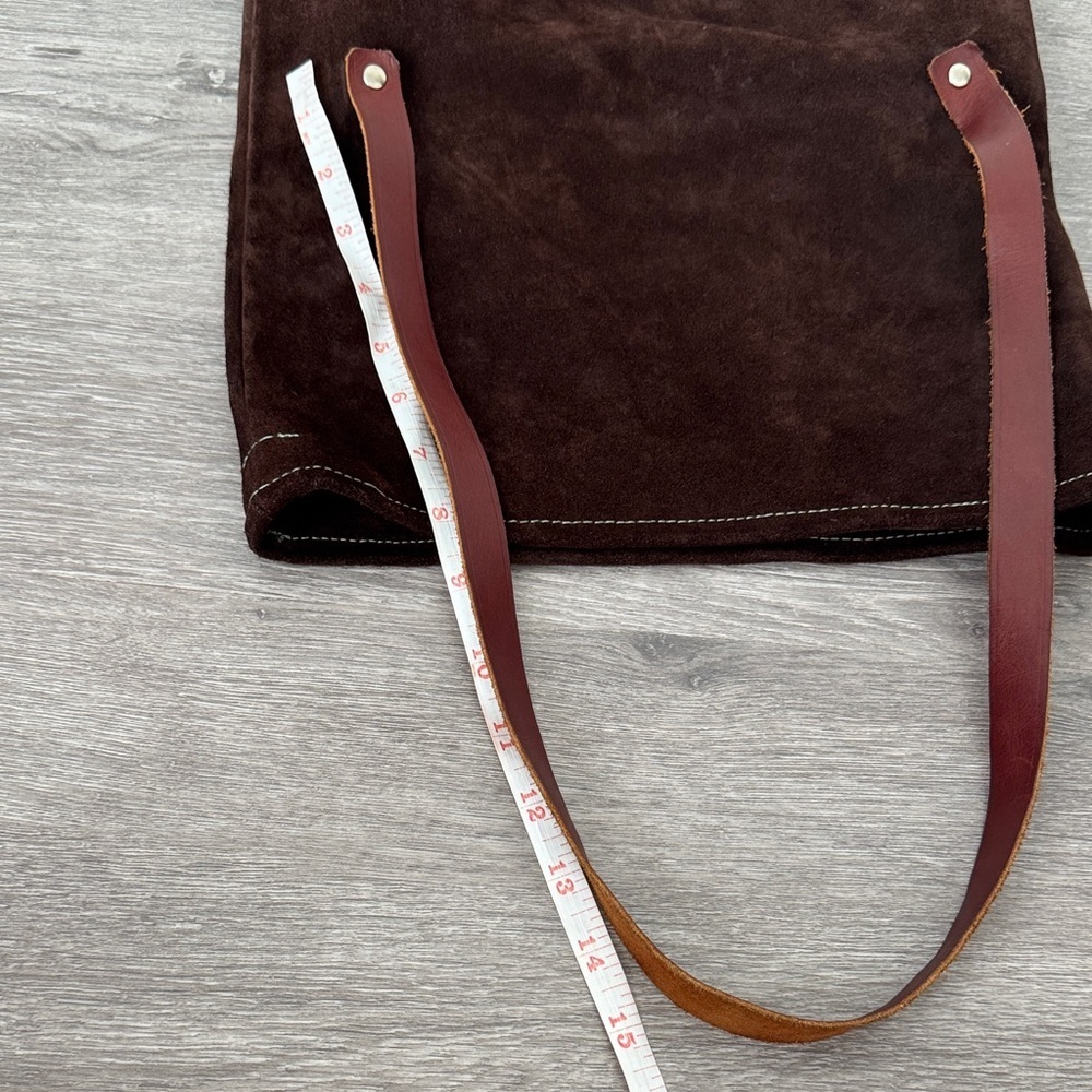 Handmade Suede and Leather Brown and Burgundy Fold Over Slouchy Bucket Bag - Picture 11 of 14